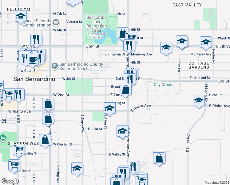 map of restaurants, bars, coffee shops, grocery stores, and more near 242 East 2nd Street in San Bernardino