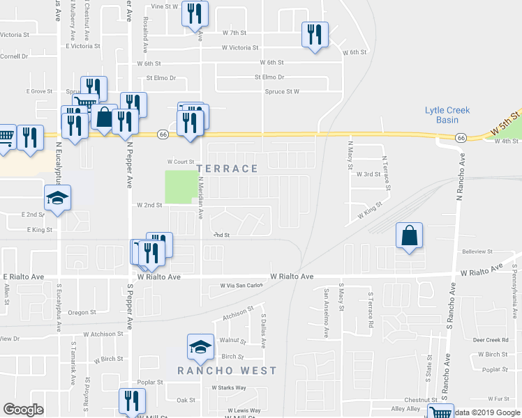 map of restaurants, bars, coffee shops, grocery stores, and more near 2661 2nd Street in San Bernardino