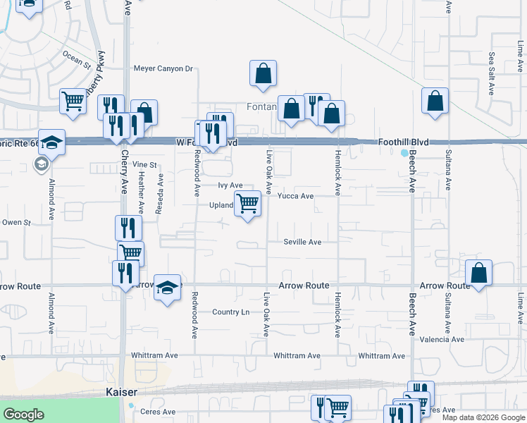 map of restaurants, bars, coffee shops, grocery stores, and more near 8330 Pampas Lane in Fontana