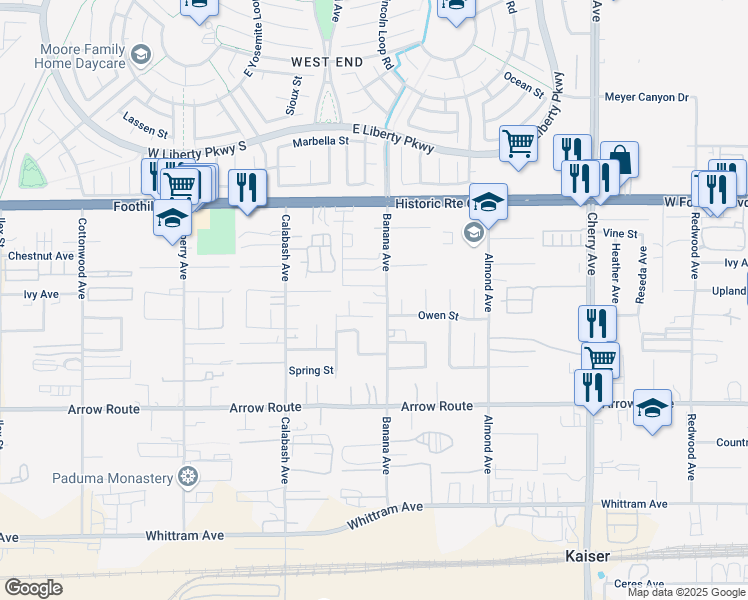 map of restaurants, bars, coffee shops, grocery stores, and more near 14088 Clover Court in Fontana