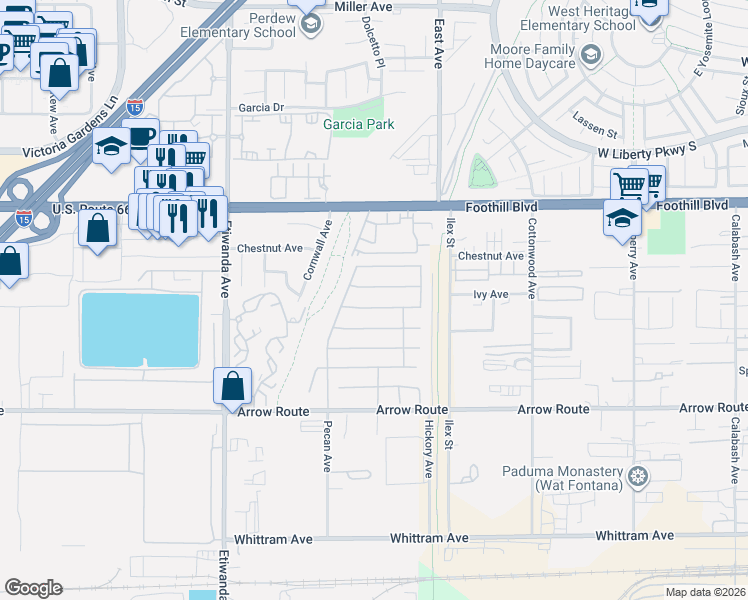 map of restaurants, bars, coffee shops, grocery stores, and more near 13167 Oatman Drive in Rancho Cucamonga