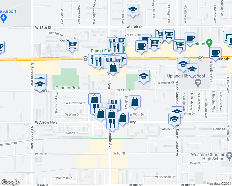 map of restaurants, bars, coffee shops, grocery stores, and more near 733 Spruce Avenue in Upland