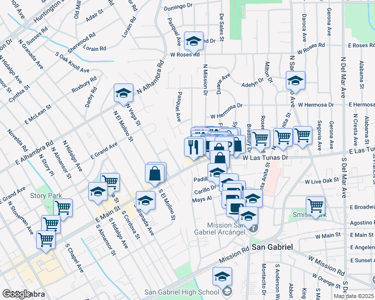map of restaurants, bars, coffee shops, grocery stores, and more near 919 West Las Tunas Drive in San Gabriel