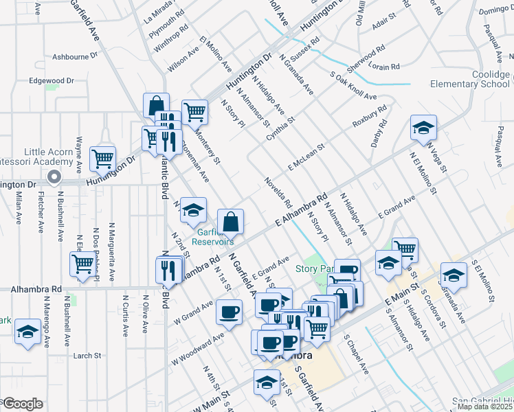 map of restaurants, bars, coffee shops, grocery stores, and more near 623 North Monterey Street in Alhambra