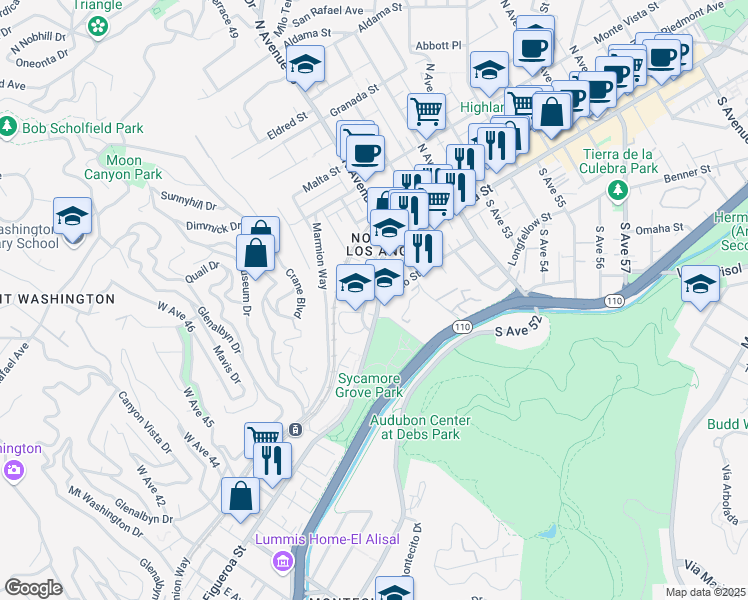 map of restaurants, bars, coffee shops, grocery stores, and more near 115 1/2 South Avenue 49 in Los Angeles