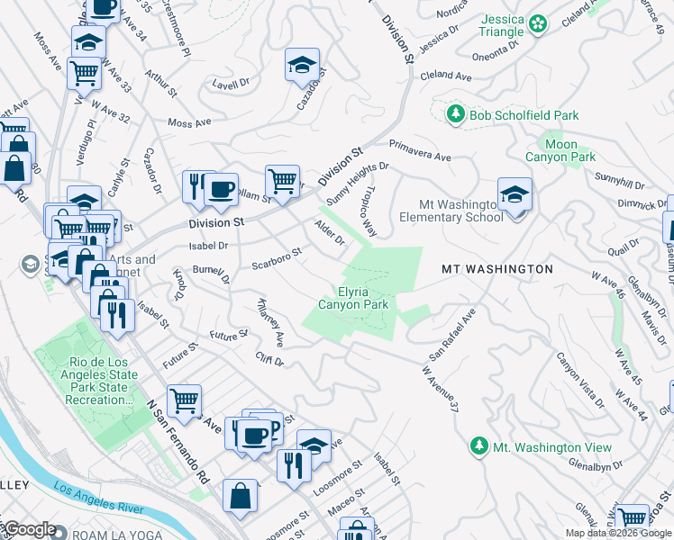 map of restaurants, bars, coffee shops, grocery stores, and more near 1691 Winmar Drive in Los Angeles