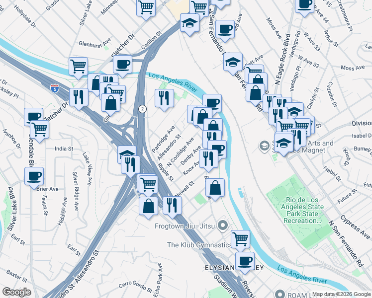 map of restaurants, bars, coffee shops, grocery stores, and more near 2856 North Coolidge Avenue in Los Angeles
