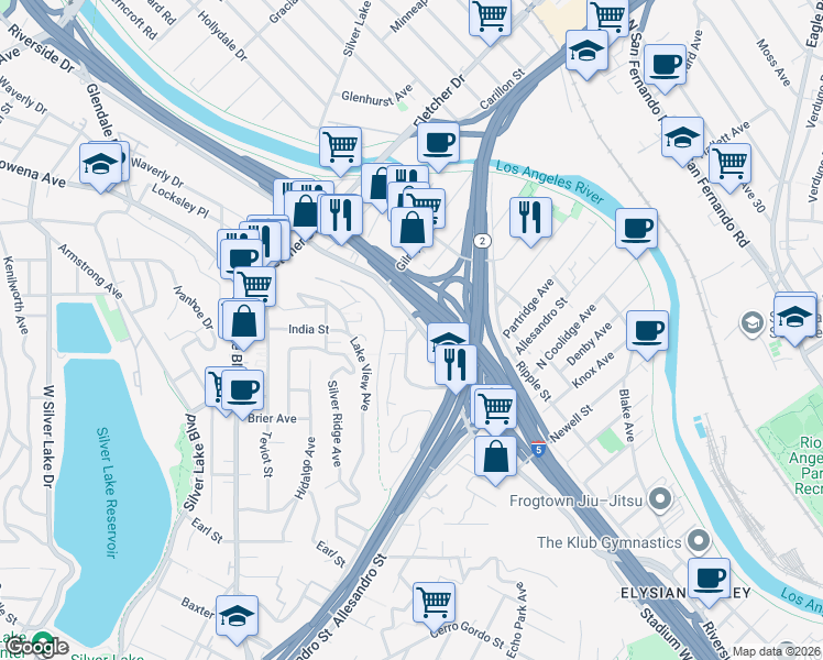 map of restaurants, bars, coffee shops, grocery stores, and more near 2639 Riverside Terrace in Los Angeles
