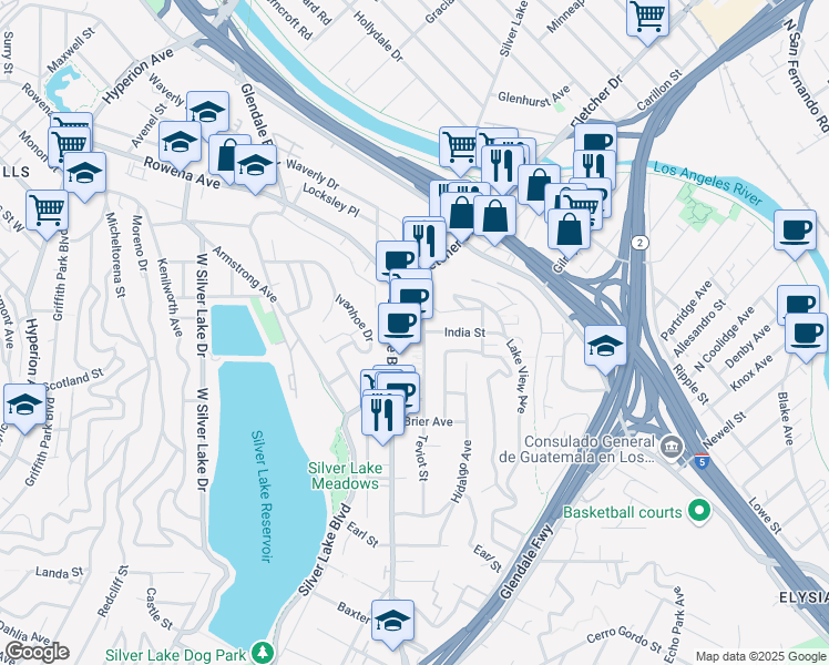 map of restaurants, bars, coffee shops, grocery stores, and more near 2477 Silver Lake Boulevard in Los Angeles