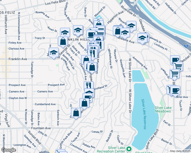 map of restaurants, bars, coffee shops, grocery stores, and more near 2340 Griffith Park Boulevard in Los Angeles