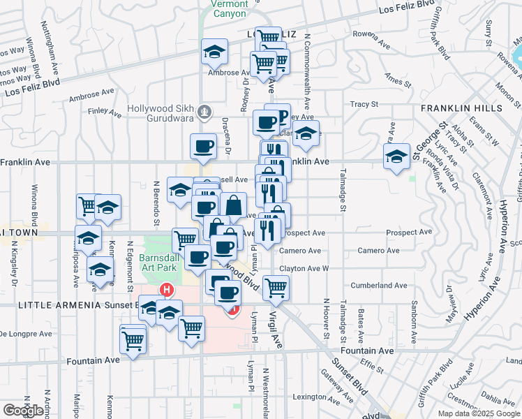 map of restaurants, bars, coffee shops, grocery stores, and more near 4530 Kingswell Avenue in Los Angeles