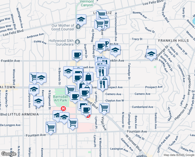 map of restaurants, bars, coffee shops, grocery stores, and more near 4530 Kingswell Avenue in Los Angeles