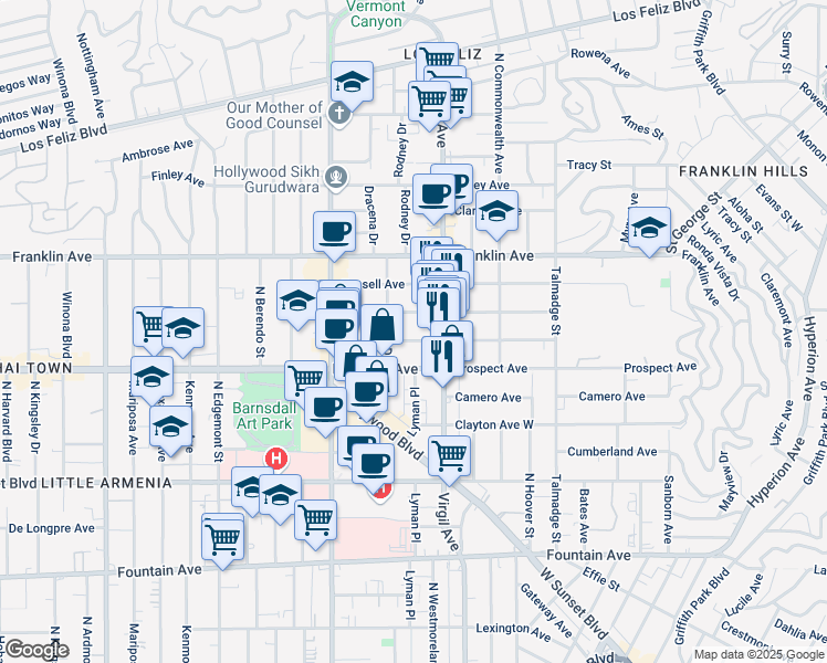 map of restaurants, bars, coffee shops, grocery stores, and more near 4530 Kingswell Avenue in Los Angeles