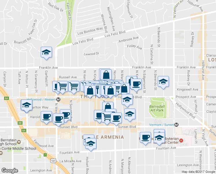 map of restaurants, bars, coffee shops, grocery stores, and more near 1723 Winona Boulevard in Los Angeles