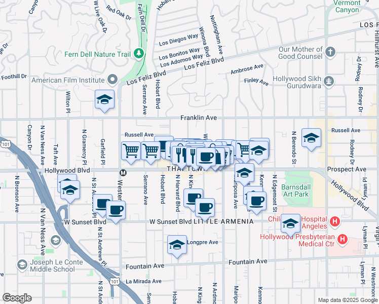 map of restaurants, bars, coffee shops, grocery stores, and more near in Los Angeles