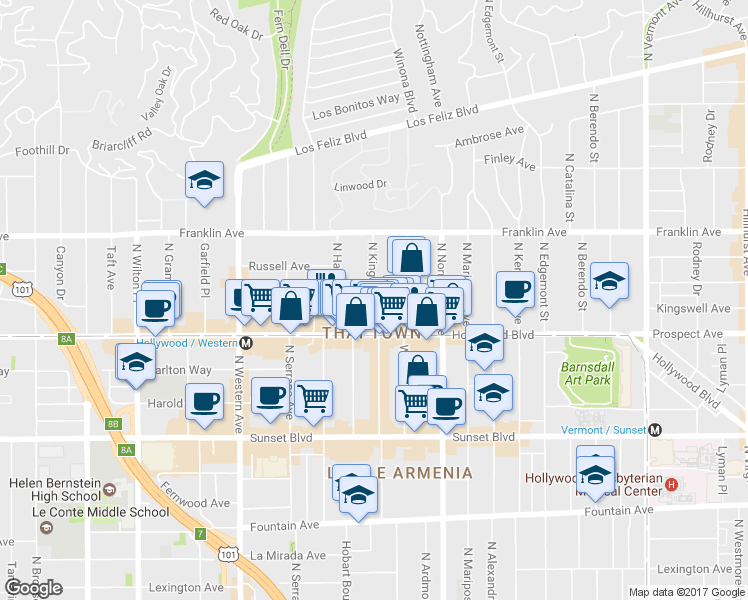 map of restaurants, bars, coffee shops, grocery stores, and more near in Los Angeles