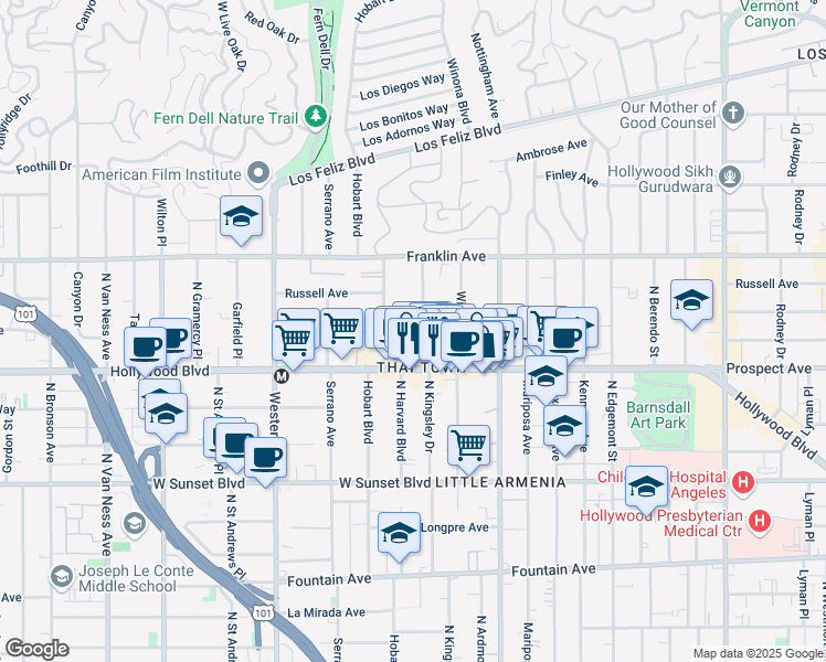map of restaurants, bars, coffee shops, grocery stores, and more near in Los Angeles