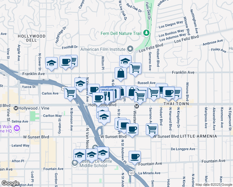 map of restaurants, bars, coffee shops, grocery stores, and more near 5628 West Observation Lane in Los Angeles
