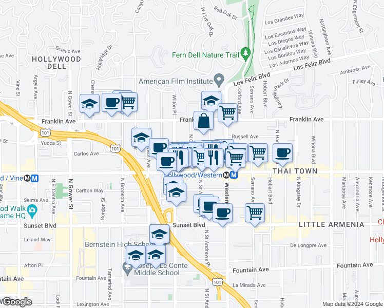 map of restaurants, bars, coffee shops, grocery stores, and more near 5628 West Observation Lane in Los Angeles