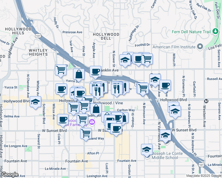 map of restaurants, bars, coffee shops, grocery stores, and more near 6118 Carlos Avenue in Los Angeles