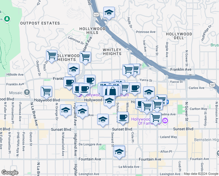 map of restaurants, bars, coffee shops, grocery stores, and more near 1727 Whitley Avenue in Los Angeles