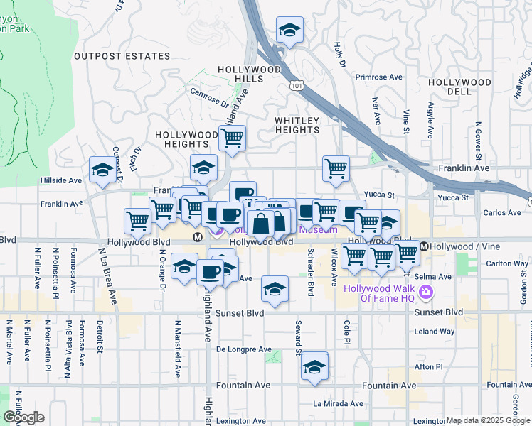 map of restaurants, bars, coffee shops, grocery stores, and more near 1733 North Cherokee Avenue in Los Angeles
