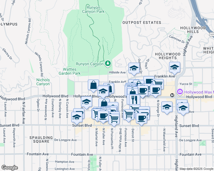 map of restaurants, bars, coffee shops, grocery stores, and more near 1734 North Fuller Avenue in Los Angeles