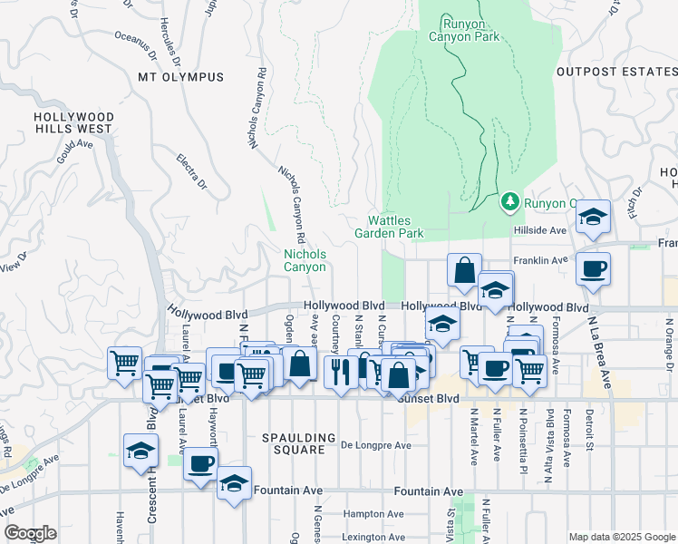 map of restaurants, bars, coffee shops, grocery stores, and more near 1723 Courtney Avenue in Los Angeles