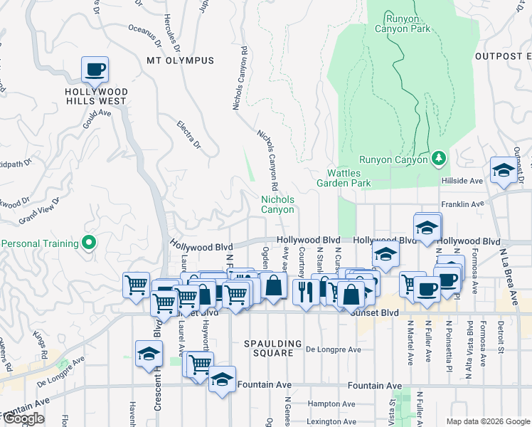 map of restaurants, bars, coffee shops, grocery stores, and more near 7801 Hillside Avenue in Los Angeles
