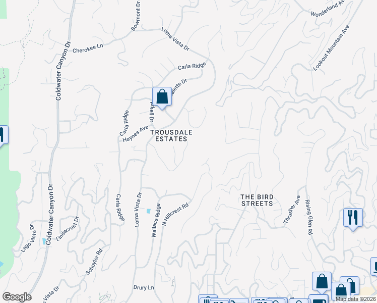 map of restaurants, bars, coffee shops, grocery stores, and more near 375 Trousdale Place in Beverly Hills