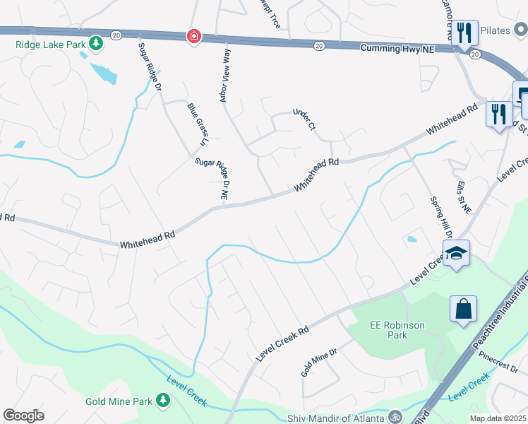 map of restaurants, bars, coffee shops, grocery stores, and more near 721 Whitehead Road in Sugar Hill