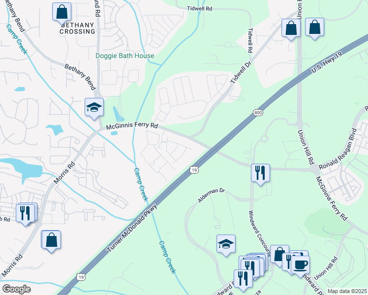 map of restaurants, bars, coffee shops, grocery stores, and more near 13284 Warrensville Cove in Alpharetta