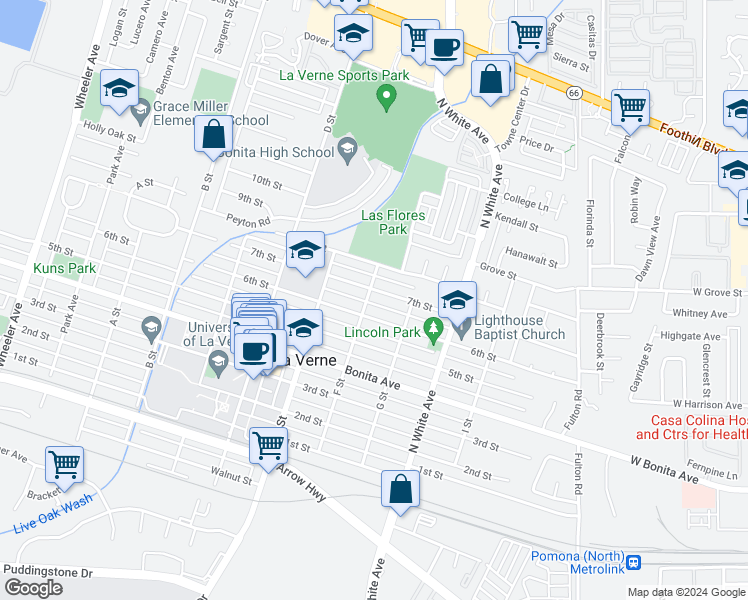 map of restaurants, bars, coffee shops, grocery stores, and more near 2640 F Street in La Verne