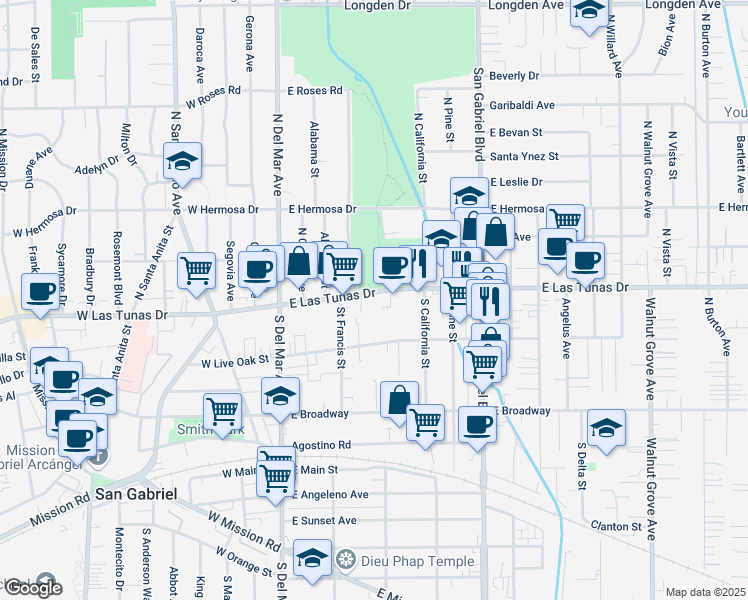 map of restaurants, bars, coffee shops, grocery stores, and more near 421 East Live Oak Street in San Gabriel