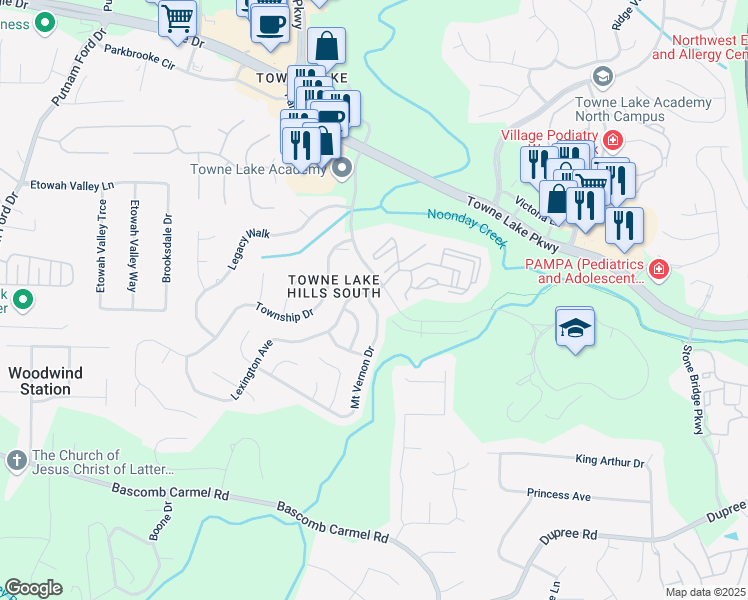 map of restaurants, bars, coffee shops, grocery stores, and more near 4001 Mount Vernon Drive in Woodstock
