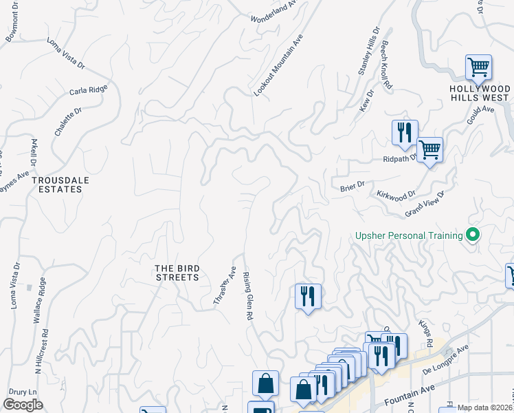 map of restaurants, bars, coffee shops, grocery stores, and more near 1885 Sunset Plaza Drive in Los Angeles