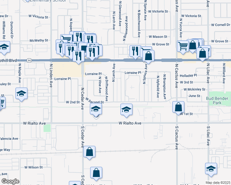 map of restaurants, bars, coffee shops, grocery stores, and more near 239 North Larch Avenue in Rialto