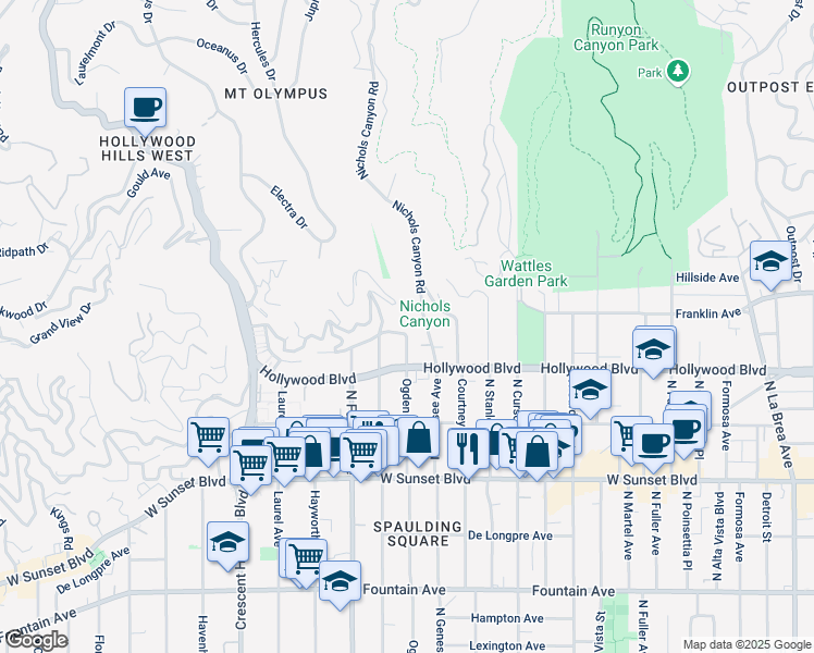 map of restaurants, bars, coffee shops, grocery stores, and more near 7801 Hillside Avenue in Los Angeles