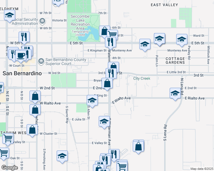 map of restaurants, bars, coffee shops, grocery stores, and more near North Waterman Avenue in San Bernardino
