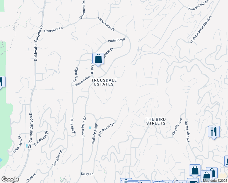 map of restaurants, bars, coffee shops, grocery stores, and more near 375 Trousdale Place in Beverly Hills