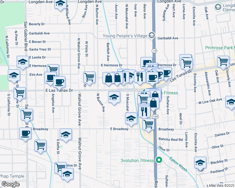 map of restaurants, bars, coffee shops, grocery stores, and more near 1342 East Las Tunas Drive in San Gabriel