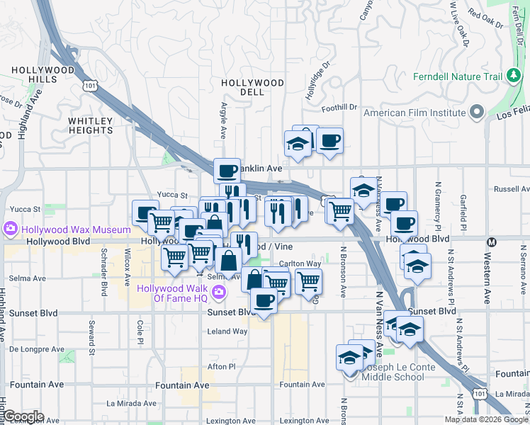 map of restaurants, bars, coffee shops, grocery stores, and more near 1759 North Gower Street in Los Angeles