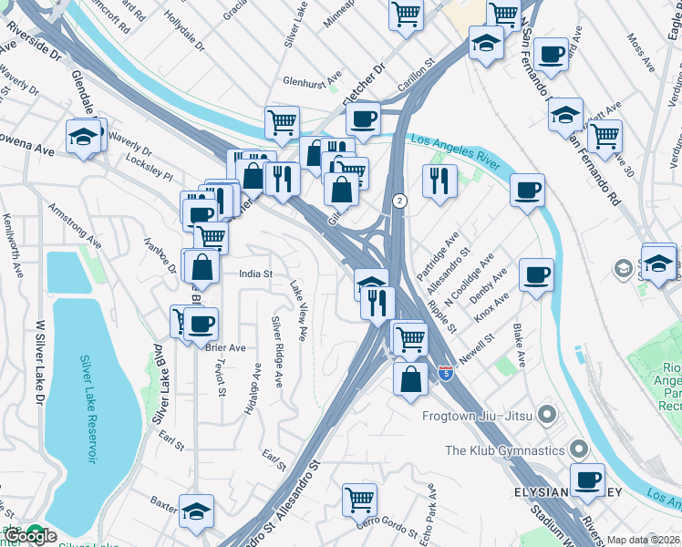 map of restaurants, bars, coffee shops, grocery stores, and more near 2639 Riverside Terrace in Los Angeles