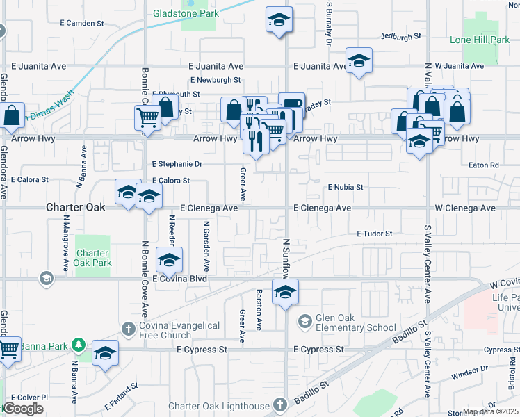 map of restaurants, bars, coffee shops, grocery stores, and more near 1998 East Cienega Avenue in Covina