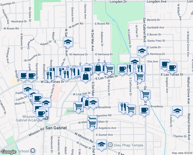 map of restaurants, bars, coffee shops, grocery stores, and more near 111 East Las Tunas Drive in San Gabriel
