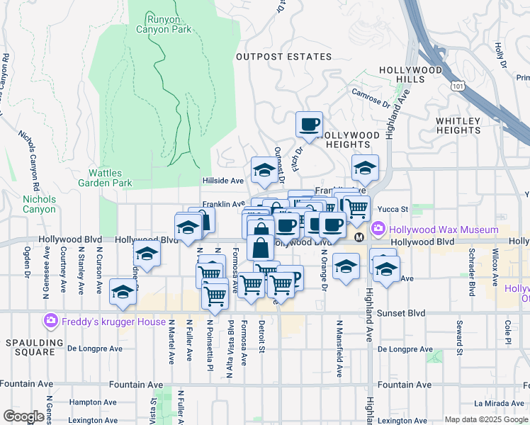 map of restaurants, bars, coffee shops, grocery stores, and more near 1755 El Cerrito Place in Los Angeles