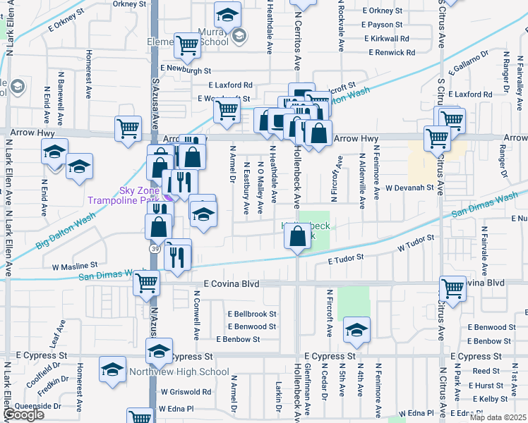 map of restaurants, bars, coffee shops, grocery stores, and more near in Covina