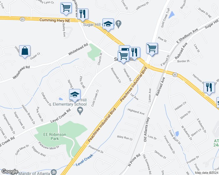 map of restaurants, bars, coffee shops, grocery stores, and more near 1091 Level Creek Road in Buford