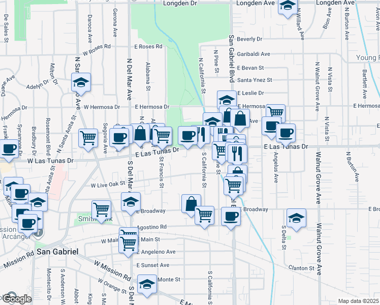 map of restaurants, bars, coffee shops, grocery stores, and more near 421 East Live Oak Street in San Gabriel