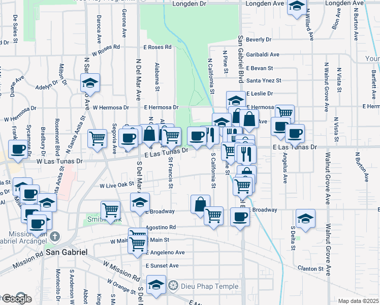 map of restaurants, bars, coffee shops, grocery stores, and more near 421 East Live Oak Street in San Gabriel
